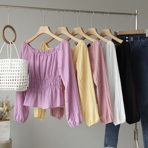 

shirt mozuleva arrival sweet solid color slash collar women tall wiast thin korean style fashion blouse, White