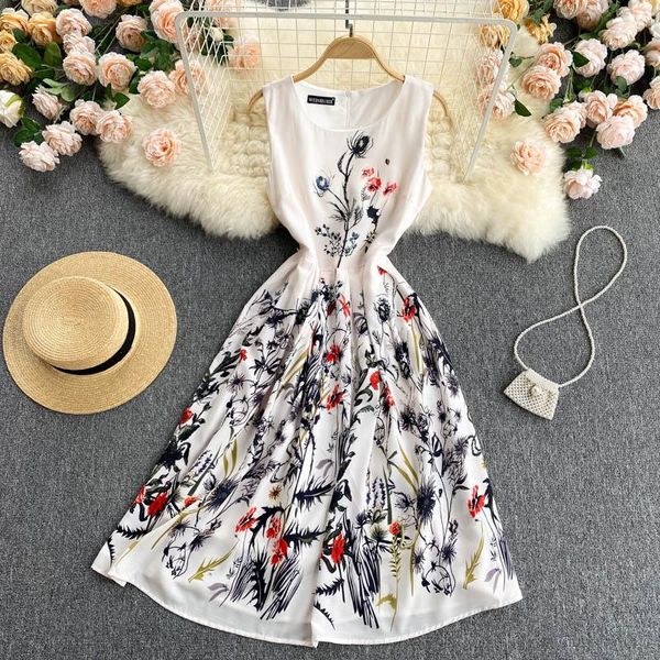 

casual dresses 2021 women's fashion elegant printed a-line dress summer round neck slim sleeveless vest clothing vestidos, Black;gray