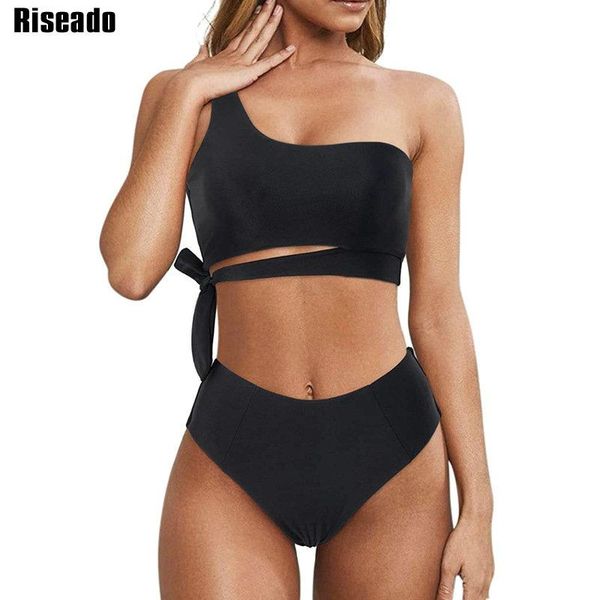 

women's swimwear riseado cut out bikinis high waist swimsuits one shoulder women 2021 knotted bathing suits female bikini set, White;black