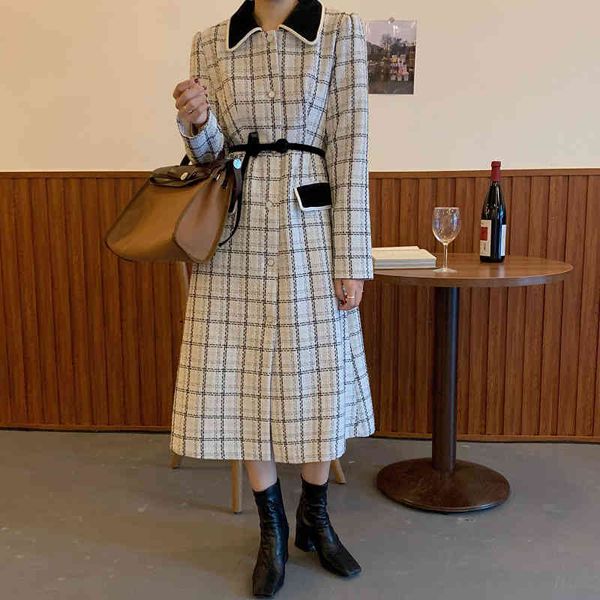 

wool french warm female plaid blend winter retro elegant turn-down collar loose women woolen coat chic casual long clothe, Black