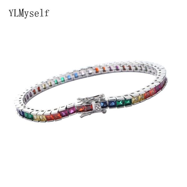 

link, chain brass 7/8 inch 3*3 mm rainbow square zircon tennis bracelet by gold /rhodium plate hip hop rock wrist jewelry, Black