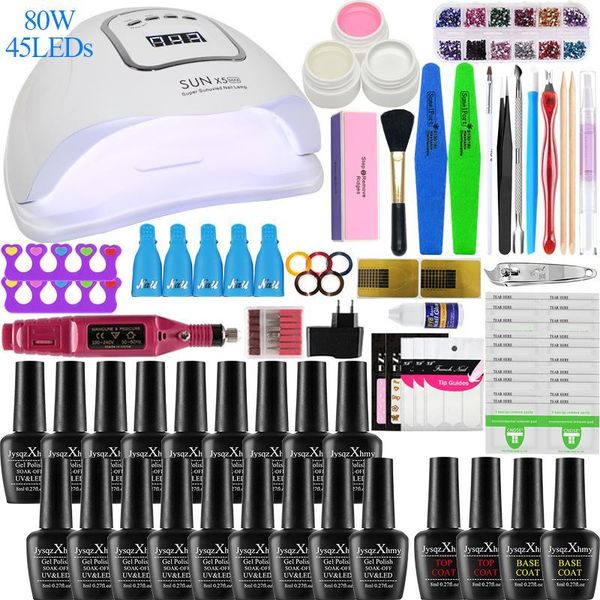 

80/54/24w lamp nail set for manicure kit 18/12 colors gel varnish drill machine file tool extension1