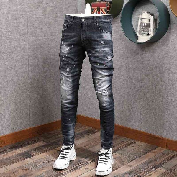 

men's jeans italian style fashion men retro black blue elastic slim fit paint designer ripped denim pants streetwear hip hop trous