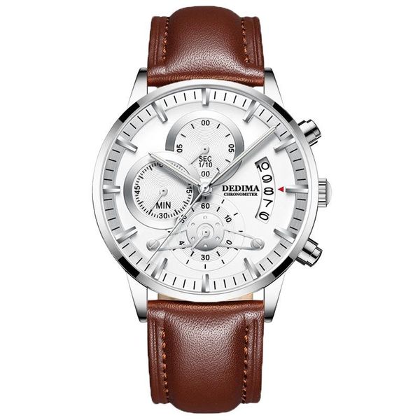 

wristwatches business men's watches chronograph waterproof luminous men wrist watch genuine hour leather quartz clock 6-pin work a3626, Slivery;brown
