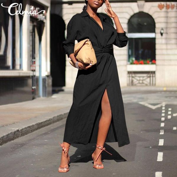 

casual dresses fashion women shirt dress celmia lapel split maxi 2021 long sleeve party s-5xl plus size robe femininas, Black;gray
