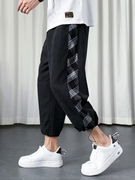 

men plaid print drawstring hem pants a8ks#, Black