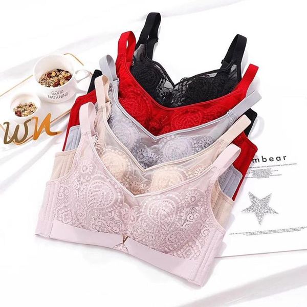 

bras ultra-thin lace underwear breathable female sponge crystal cup bra exposed ears, Red;black