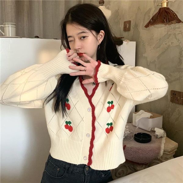 

women's knits & tees sweater coat autumn and winter 2021 retro trendy short long sleeve v-neck cardigan all-match female, White