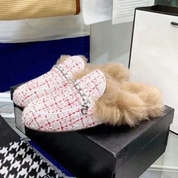 

woolen cloth mules women winter slippers wool new design luxury brand designer woman shoe chain decor round toe casual shoes, Black