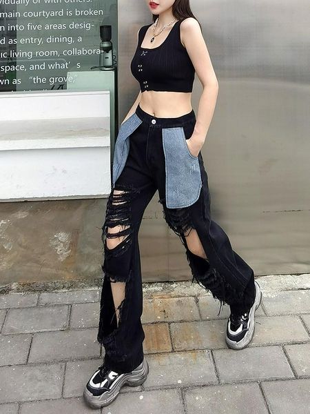 

women's jeans women tearing holes wide leg pants summer contrast color hollow out spring autumnstudents girls denim, Blue