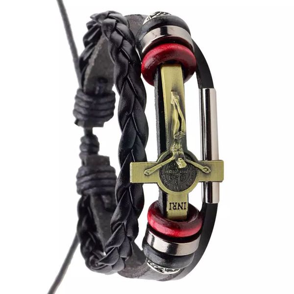 

vintage punk multilayer jesus-cross leather bracelet men woven bracelet suitable for multi-layer hand-braided, Golden;silver