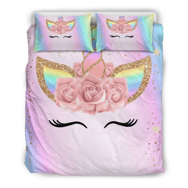 

unicorn rainbow colors 3d bedding set cartoon printed duvet cover set  king twin size kids bed linen set 3pcs