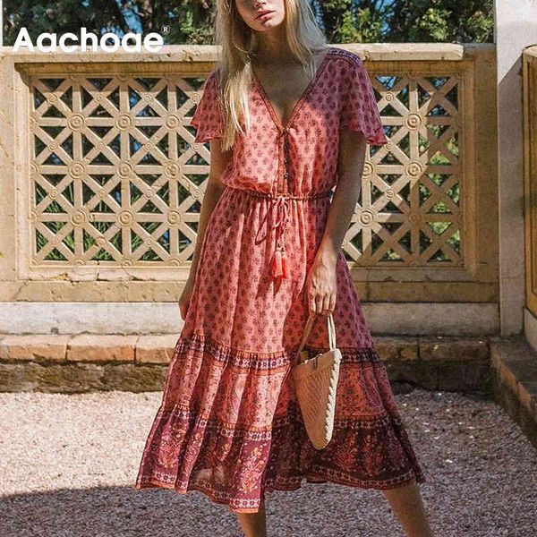 

women bohemian floral print midi dresses summer v neck bow tie elastic wasit holiday dress a line short sleeve sundress 210413, Black;gray