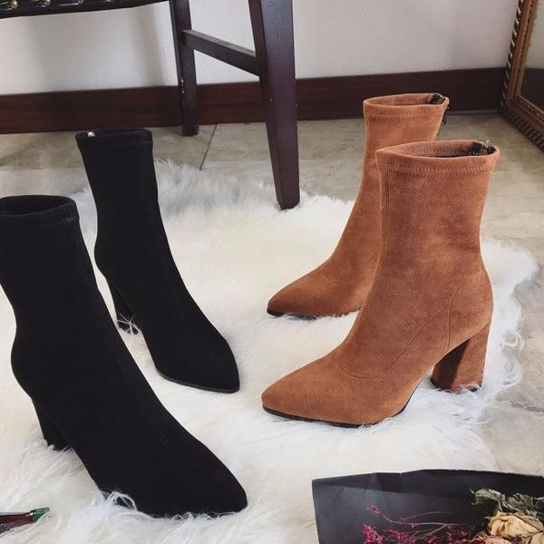 

boots aphixta stiletto women shoes zip stretch fabric female botas pointed toe mid-calf socks thin high heel elastic, Black