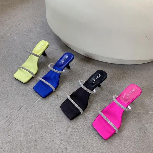 

slippers rhinestone narrow band thin high heels candy color black/pink/blue/yellow summer party pumps mule shoes slip on slides