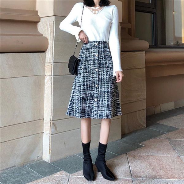 

skirts korean plaid skirt chic women winter pearl button knee length ladies elegant high waist a-line fashion thick midi, Black