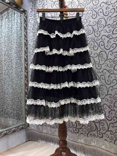

skirts spring summer fashion long women white cascading ruffle lace patchwork mid-calf length casual skirt, Black