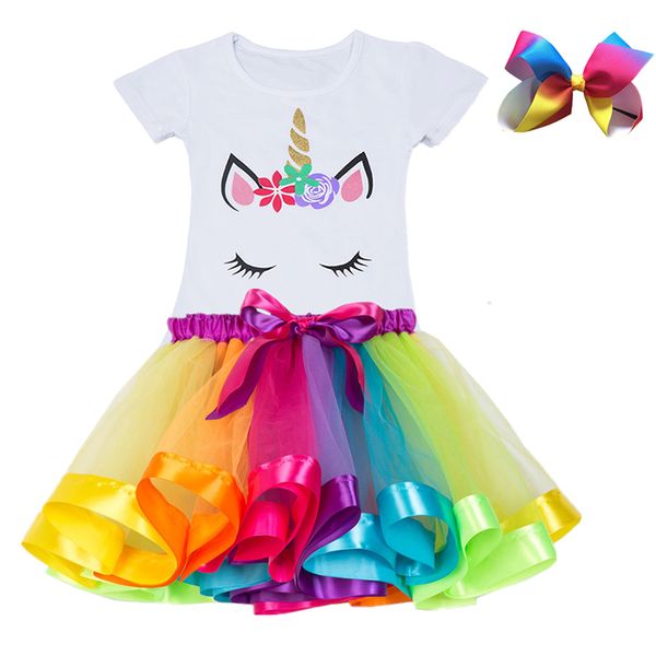

classic princess dress unicorn party baby girls clothes 2pcs unicorn t-shirt + rainbow skirt unicorn costume fantasia infantil, White