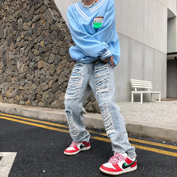 

men's jeans baggy straight with holes men, Blue