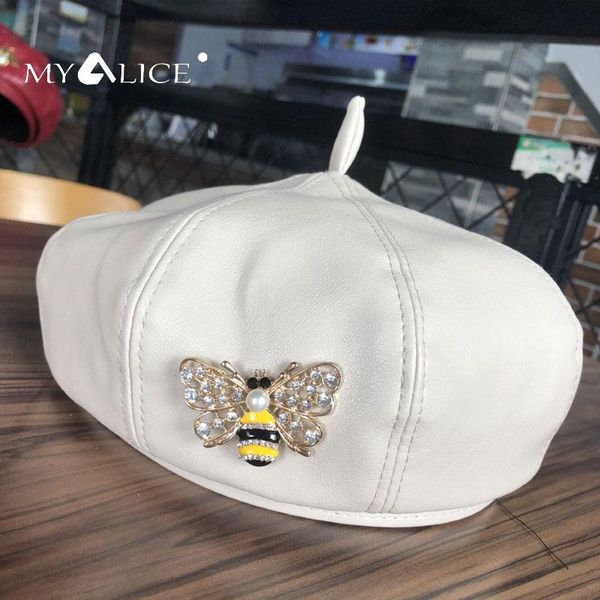 

berets myalice pu hat all-match beret girls charm hollow out carved metal bee french artist painter beanie drop, Blue;gray