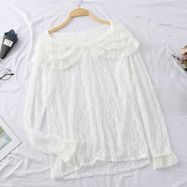 

sweet lolita shirt mori girls autumn spring japanese style kawaii cute long sleeve lace peter pan collar white blouse 210601