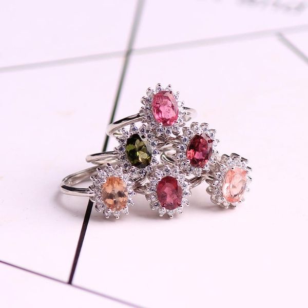 

cluster rings natural tourmaline oval gemstone ring solid 925 sterling silver women's wedding engagement high jewelry color random, Golden;silver