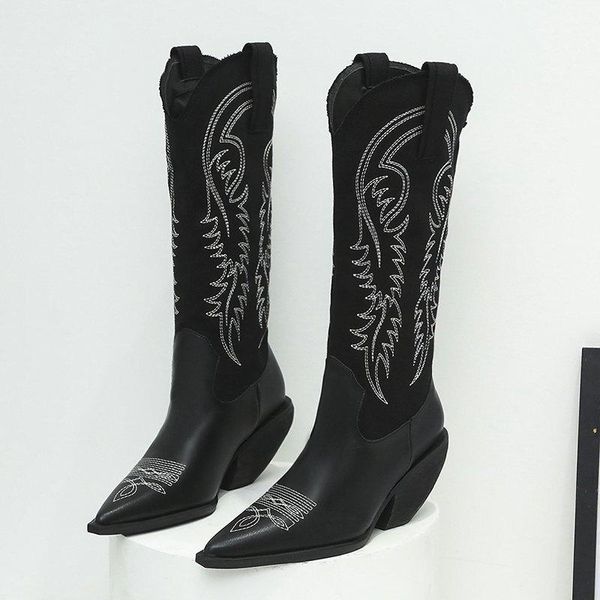 

boots winter women's beige high heels wedge heel retro embroidery knee designer riding, Black