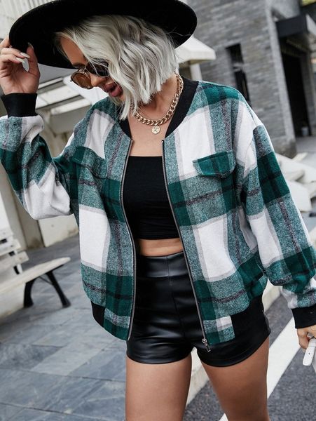 

plaid zip up bomber jacket w3n7#, Black;brown