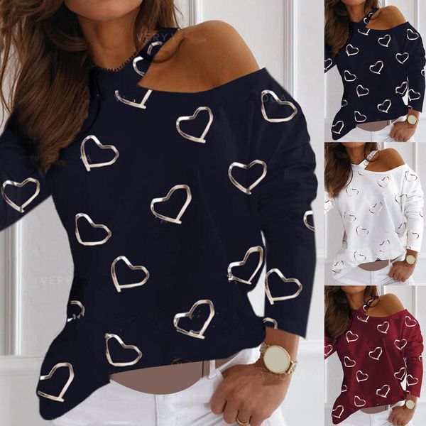 

women one shoulder pullover female knit blouse women long sleeve hollow out blouse love heart print one shoulder pullover, White