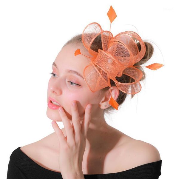 

orange fancy feather sinamay hats wedding fascinator with combs women decor on hair clips charming headdress or 21 colors xmf1761