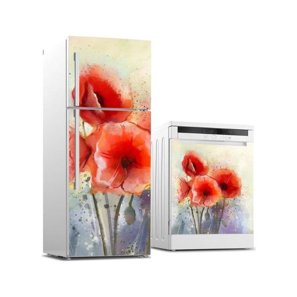 

wall stickers fridge sticker red flower painting refrigerator dishwasher door wrap kitchen wallpaper accessories modern 3d