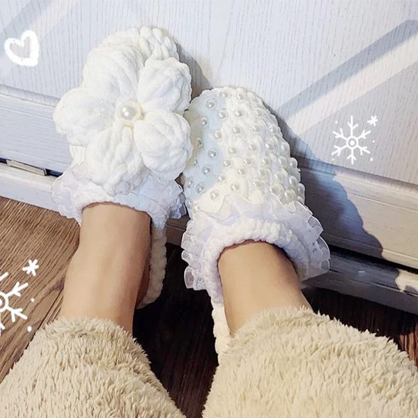 

women winter fur slippers diy knitting shoes ins puff flower fashion pearl furry handmade bag, Black
