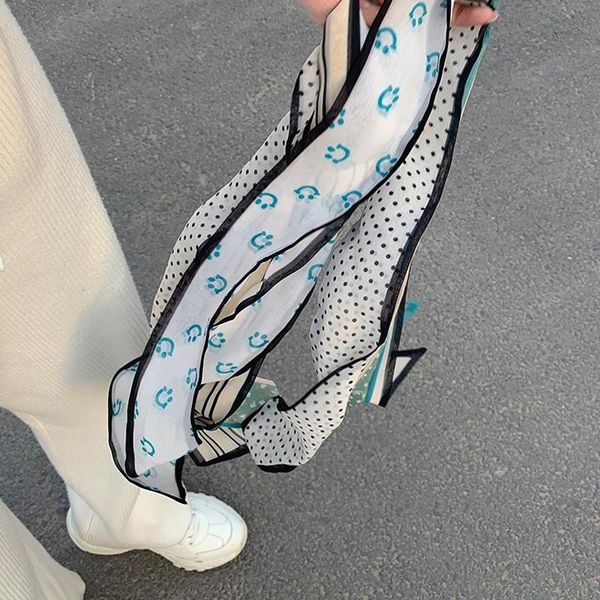 

scarves &dolphin fashion women small chiffon long scarf 100x6cm spring smile dot striped skinny headband bag ribbon choker streamer, Blue;gray