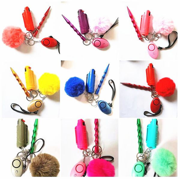 

4 pcs fashion defense keychains set lncluding 20ml spray pompom alarm keychain broken windows stick for woman men self-defense keyring, Silver
