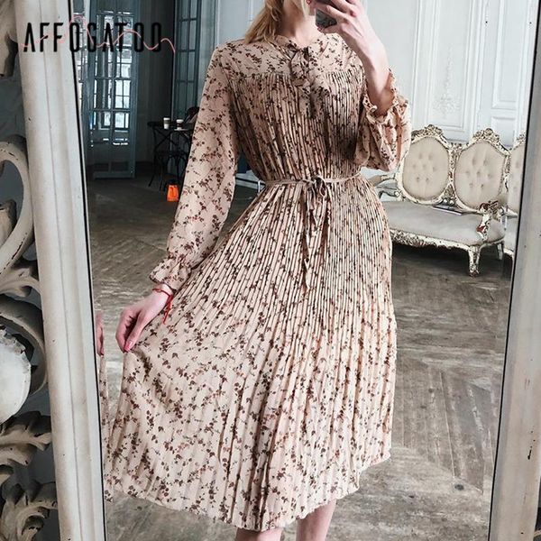 

affogatoo elegant spring summer floral print midi dress ruffle puff sleeve bow sash pleated chic high waist dresses loose casual, Black;gray