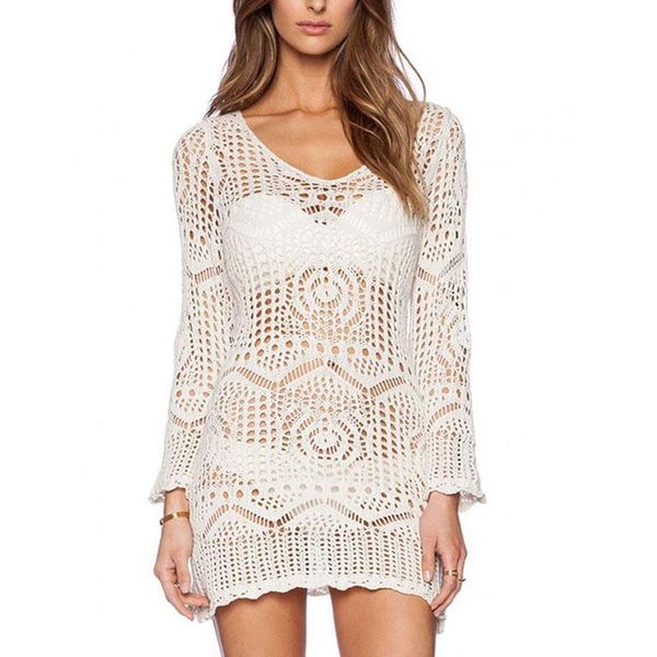 

casual dresses crochet summer women swimwear bikini beach dress hollow out swimsuit bathing suit beachwear wear tunic 1507, Black;gray