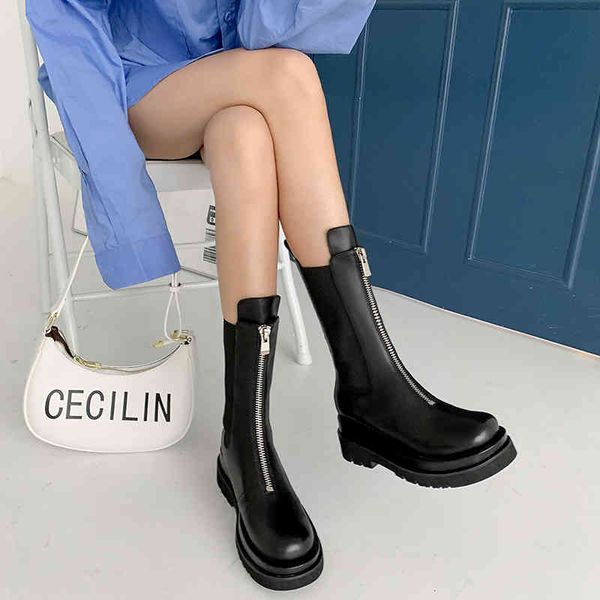 

boots genuine leather, high-platform, flat-footed ankle boots, women's toe, round mid-calf, front-calf, zipper, short 292v, Black