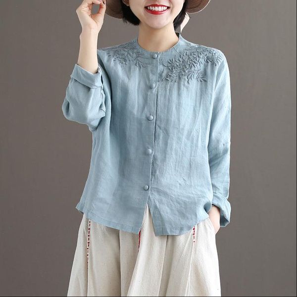 

cotton embroidered autumn chinese style women blouses bamboo leaf loose long sleeved wild solid color base, White