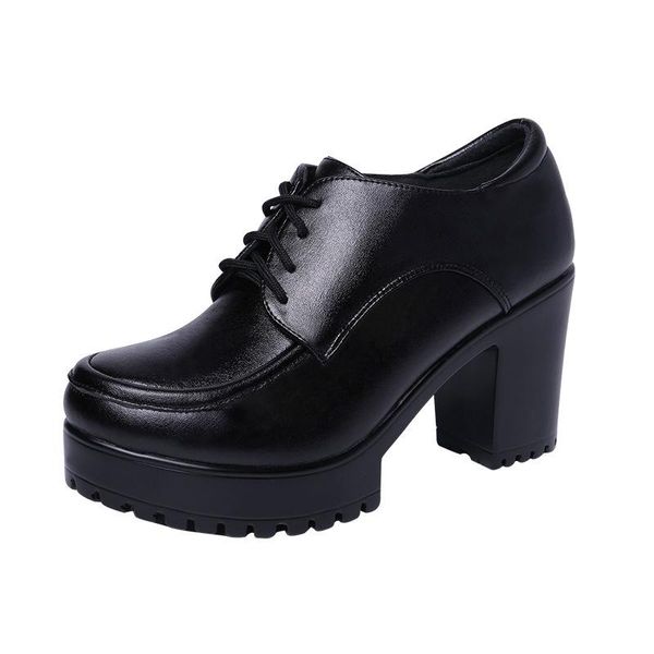 

dress shoes block heels leather oxford for women spring fall 2021 deep mouth high pumps woman platform plus size 32-43, Black