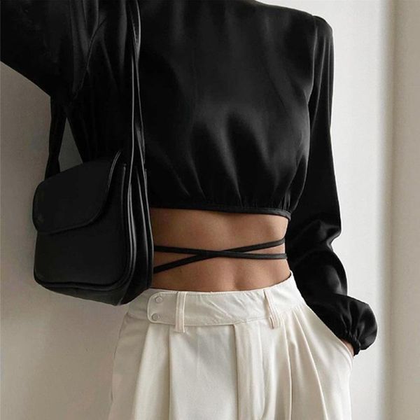 

women's t-shirt elegant backless lace up long sleeve crop women fashion o neck slim soft satin autumn all-match tshirt female, White