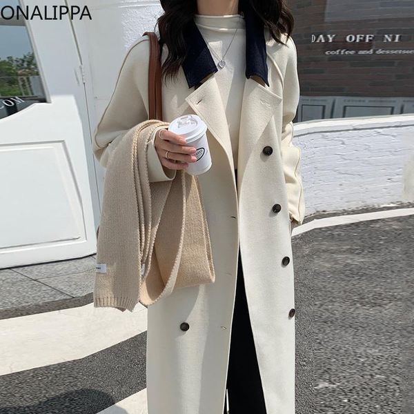 

women's wool & blends onalippa women 2021 winter elegant temperament gentle milky white lapel hit color double-breasted long double-sid, Black