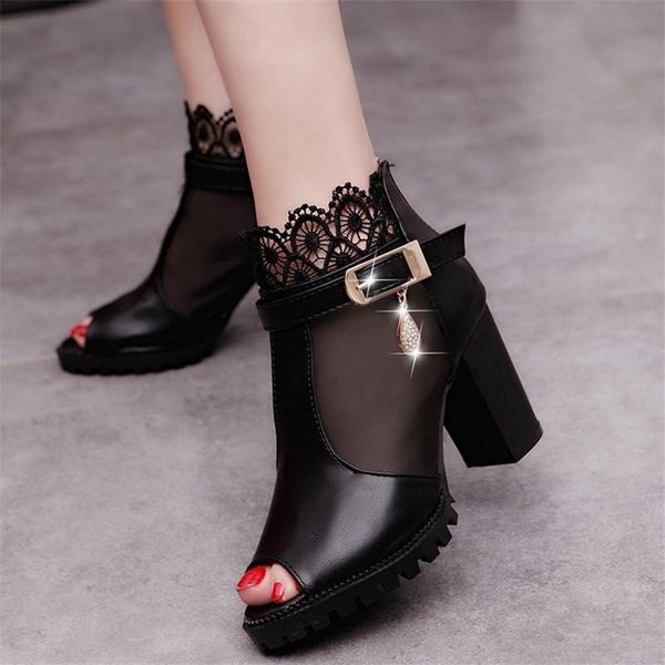 

sandals women's summer 2021 chunky heel high versatile roman black mesh heels peep toe shoes a778