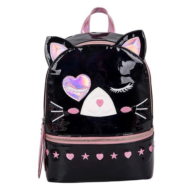 

small backpack cat pattern black white color laser pu cute polyester lining size 21*29*11cm women leather school bags