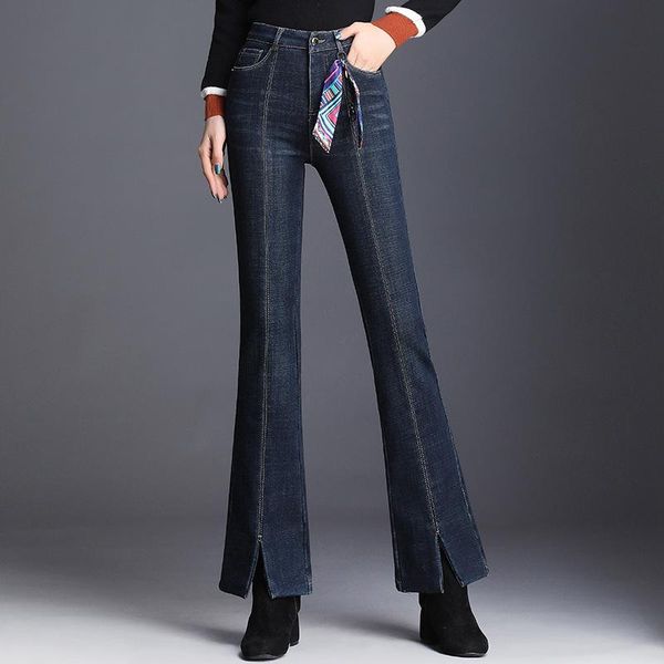

women's jeans women autumn winter high waist slim casual bell bottom denim pants office lady elegant chic flare mom 6809, Blue