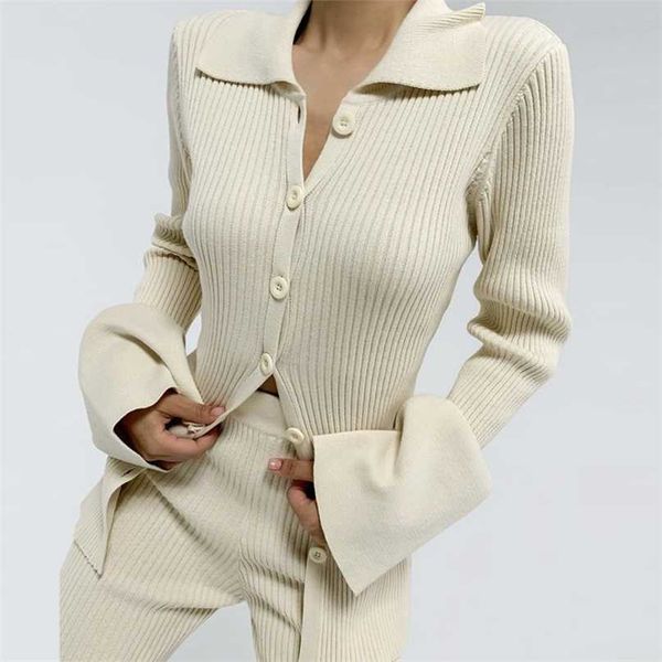 

elegant knitted two piece set women ribbed zipper flare sleeve shirts and elastic waist pants suit slim female outfit 211105, White