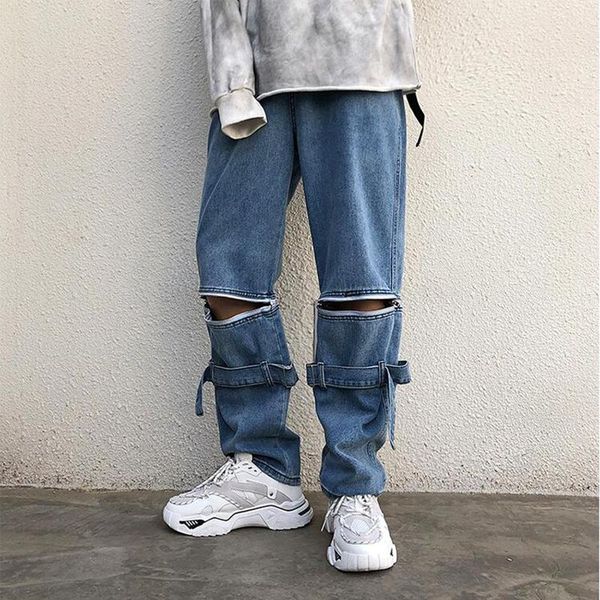 

men's jeans spring fall personality hip-hop logo removable wide legs loose straight casual pants men, Blue