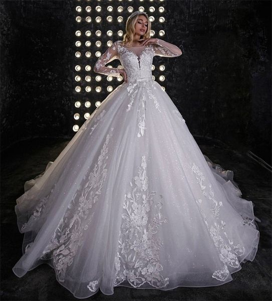 Mangas compridas vestidos de noiva elegante laço applique uma linha vestidos de noiva ruched tulle varrer treinar princesa vestido de noiva