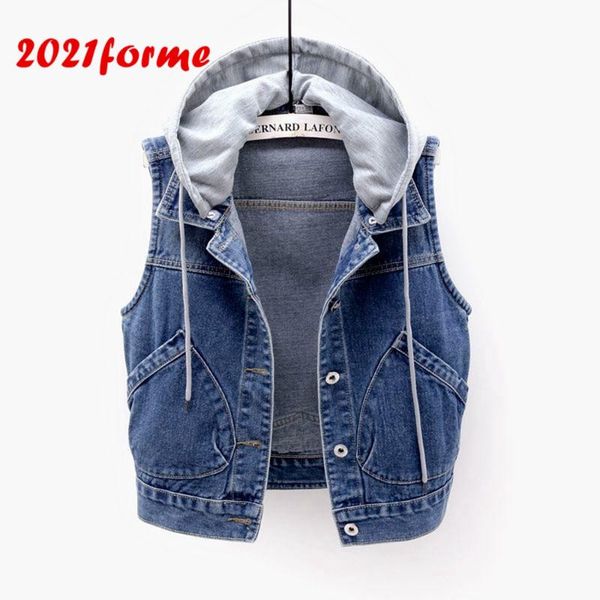 

women's vests spring autumn denim hooded vest blue casual sleeveless jean jacket plus size button chaleco mujer s-5xl, Black;white