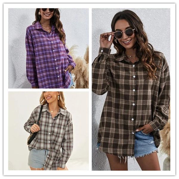 

women's blouses & shirts 2021 single-breasted turn-down collar loose long-sleeved spring streetwear fashion shirt female plaid casual, White