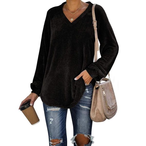 

women's t-shirt fall shirt, corduroy knitting casual party v-neck long sleeve loose tight cuff sweater, White